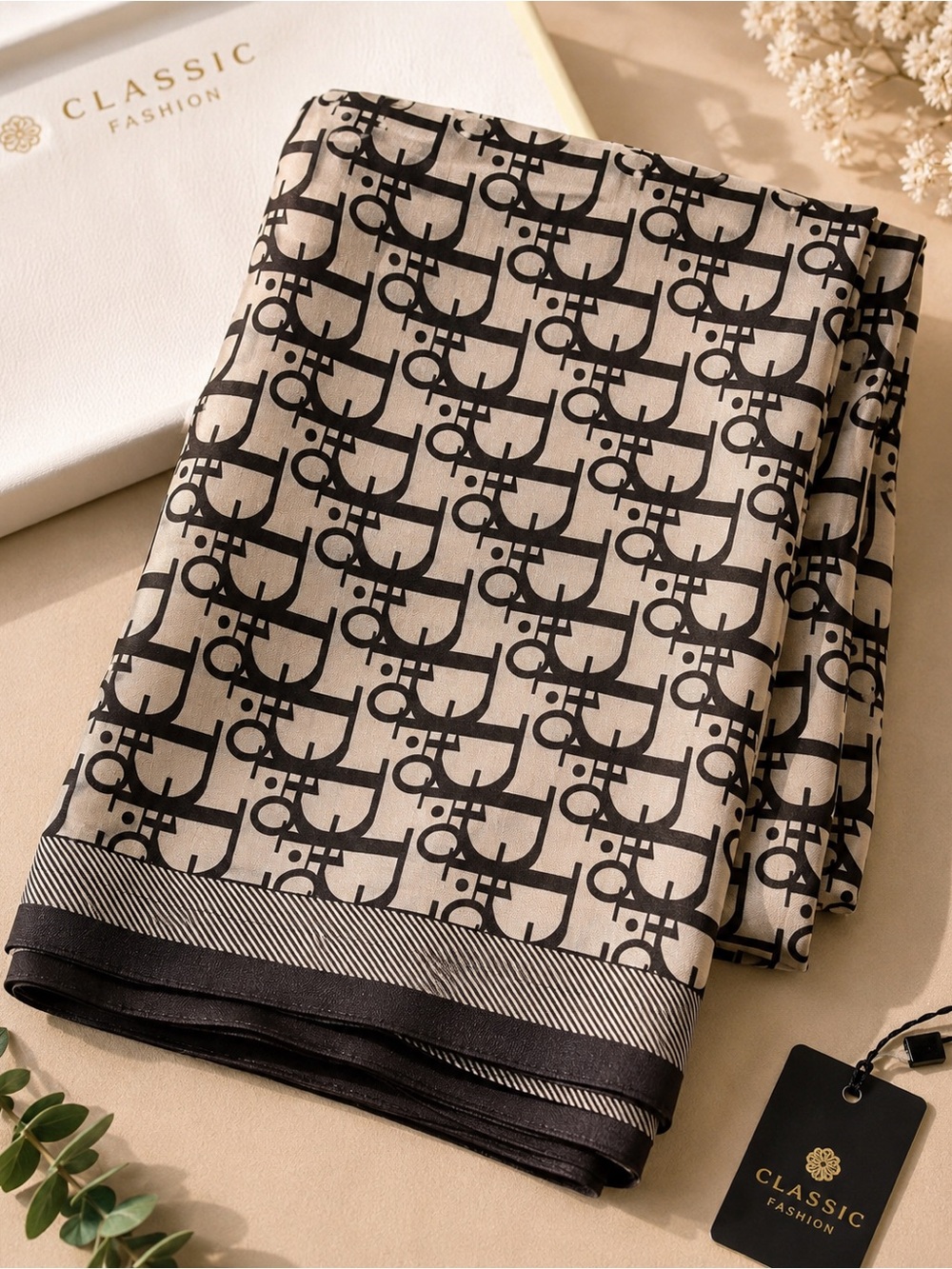 Beige and Black Logo-Print Scarf